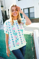 Haptics Mint Jacquard Floral Bubble Sleeve Sweater Top