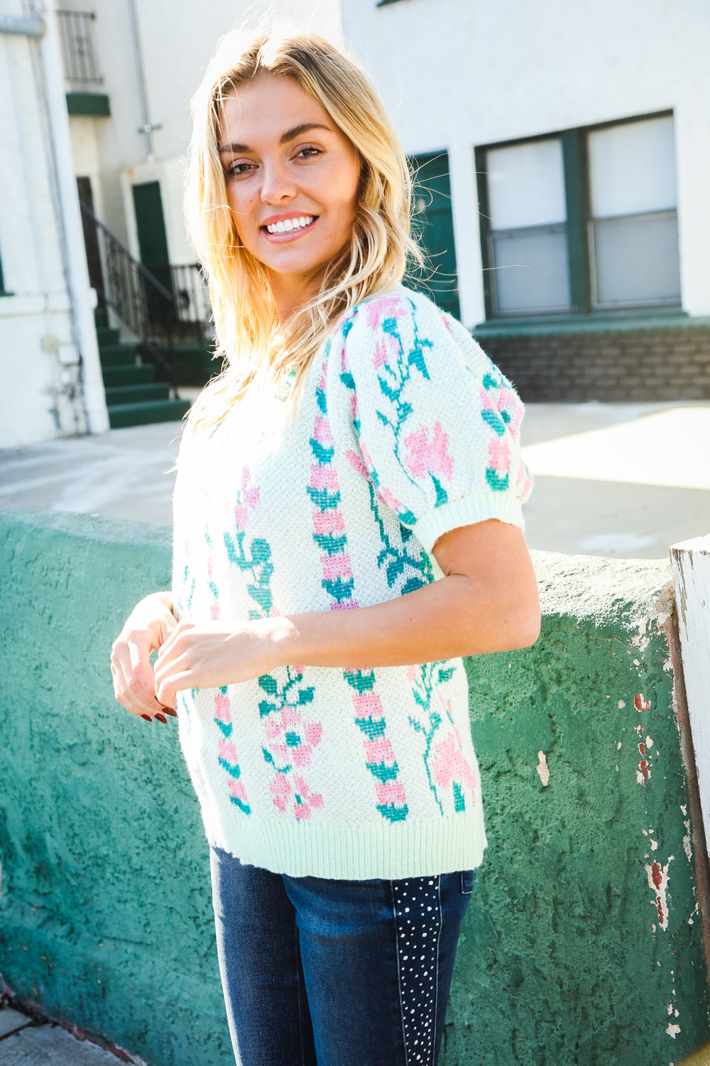 Haptics Mint Jacquard Floral Bubble Sleeve Sweater Top