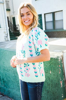 Haptics Mint Jacquard Floral Bubble Sleeve Sweater Top