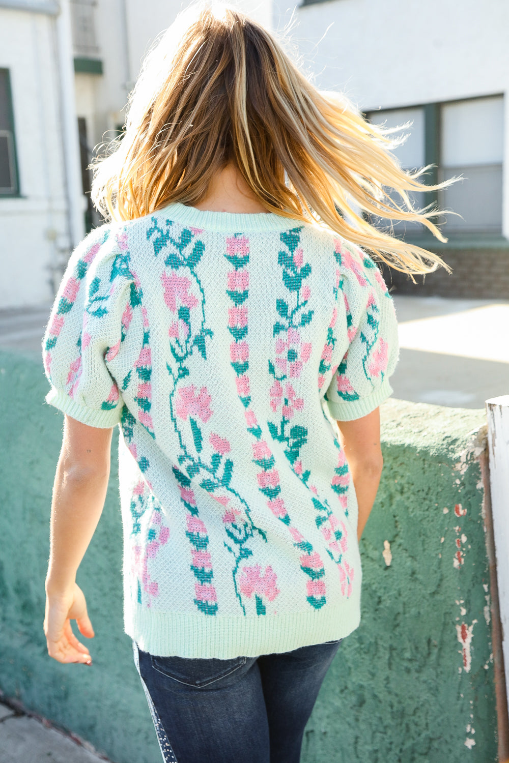 Haptics Mint Jacquard Floral Bubble Sleeve Sweater Top