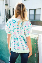 Haptics Mint Jacquard Floral Bubble Sleeve Sweater Top