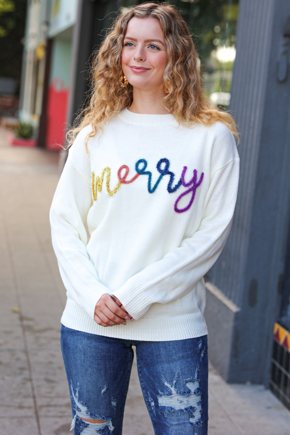 Haptics More the Merrier White Pop Up Lurex Sweater