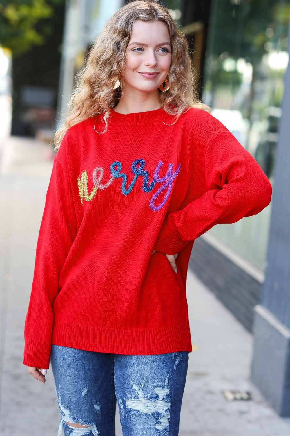 Haptics More The Merrier Red Pop Up Lurex Sweater