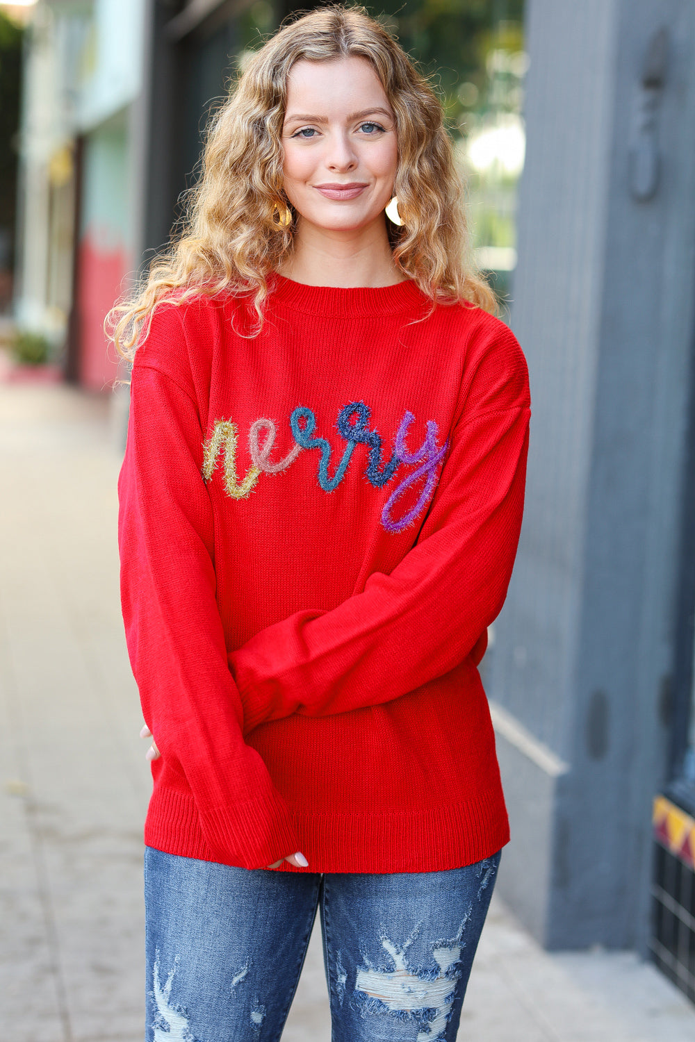 Haptics More The Merrier Red Pop Up Lurex Sweater