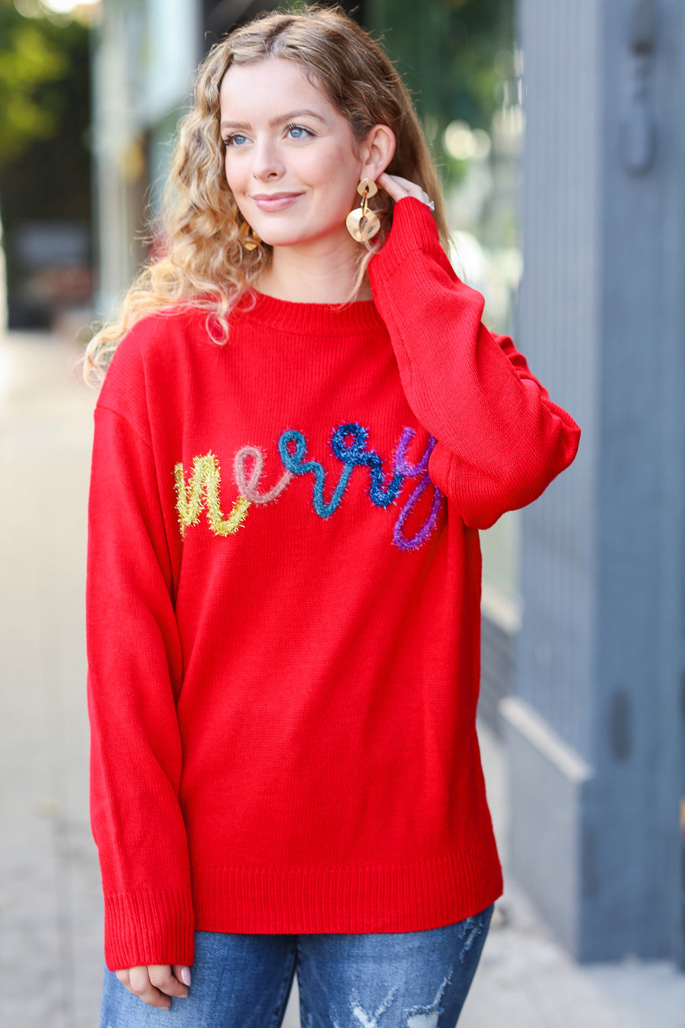 Haptics More The Merrier Red Pop Up Lurex Sweater