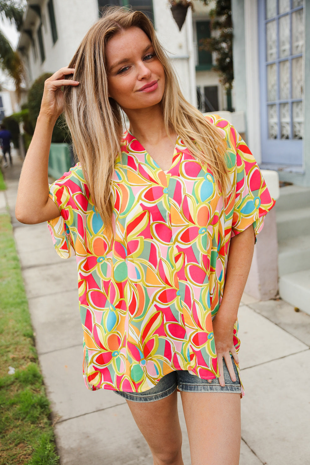 First Love Multicolor Abstract V Neck Dolman Sleeve Top