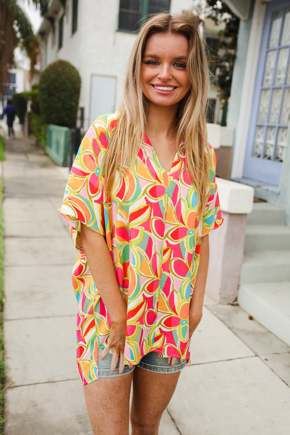 First Love Multicolor Abstract V Neck Dolman Sleeve Top