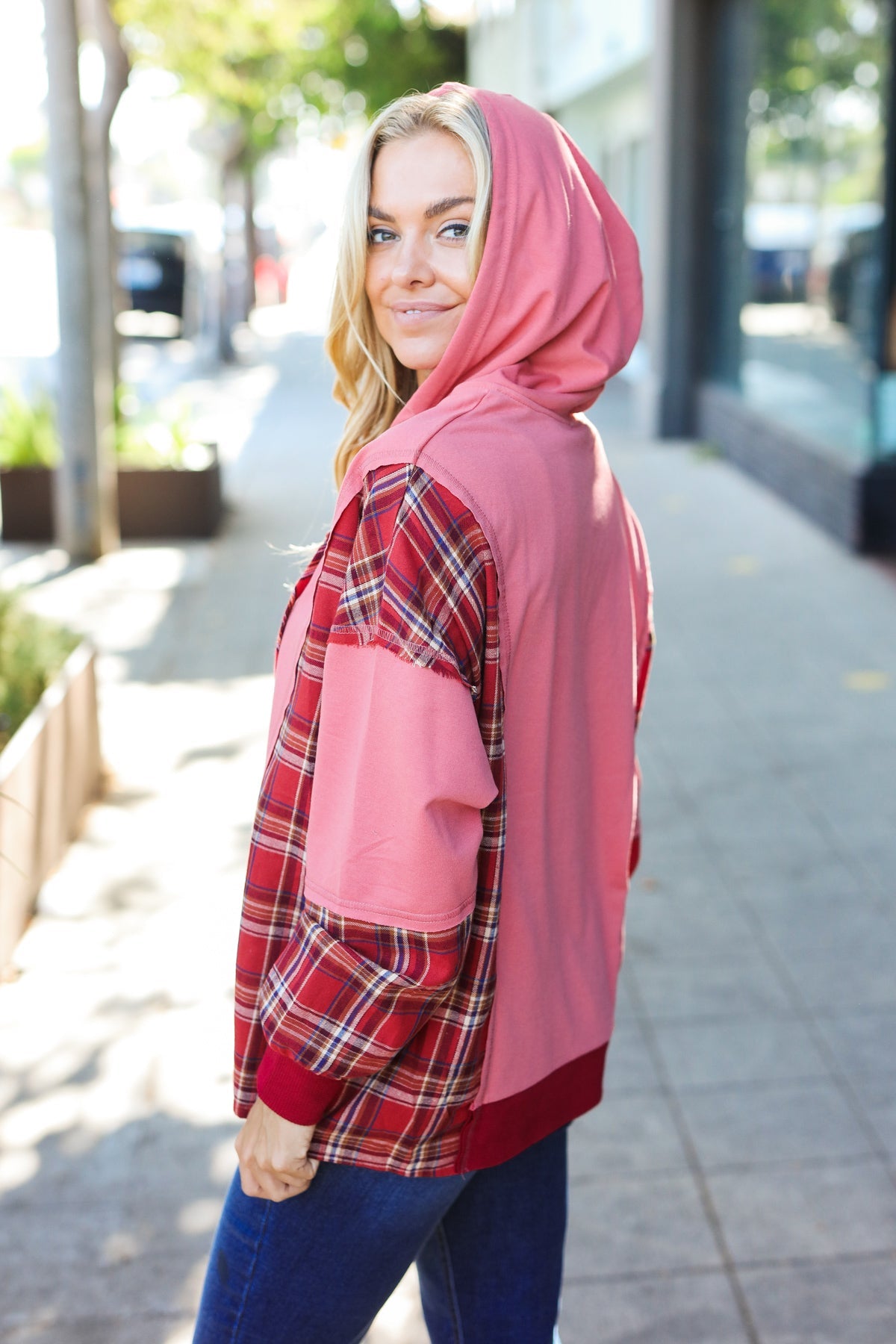 Haptics Marsala Plaid Color Block Zipper French Terry Hoodie