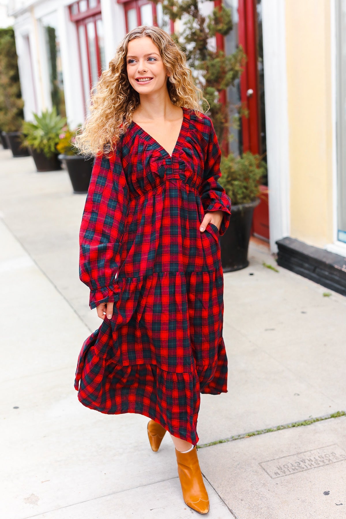 Large Haptics Holiday Red Plaid Elastic V Neck Tiered Maxi Dress Dresses