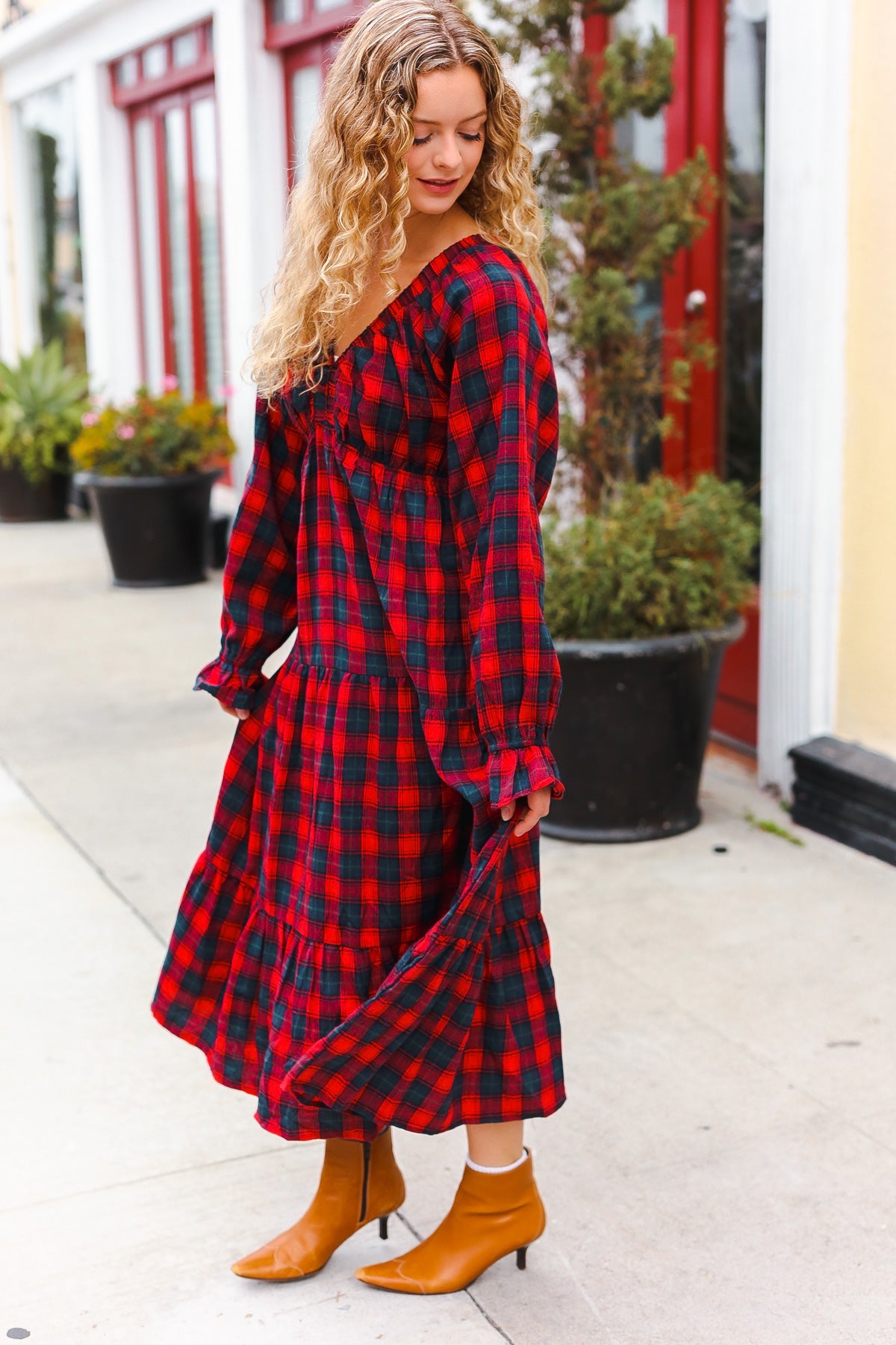 Large Haptics Holiday Red Plaid Elastic V Neck Tiered Maxi Dress Dresses