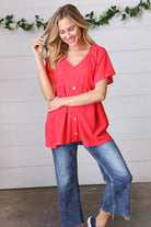 Haptics Cherry Red Babydoll Button Down Raglan Woven Top Final Sale