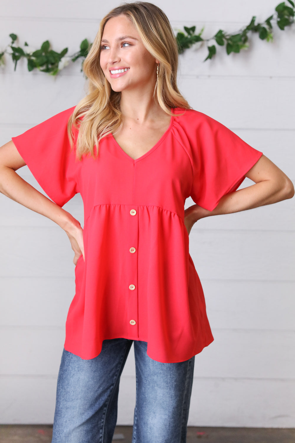 Haptics Cherry Red Babydoll Button Down Raglan Woven Top Final Sale