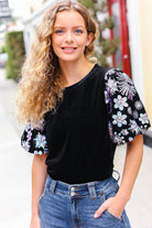 1X Haptics Feeling Glamorous Black Floral Sequin Puff Sleeve Velvet Top