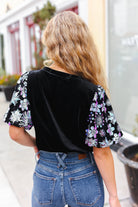 1X Haptics Feeling Glamorous Black Floral Sequin Puff Sleeve Velvet Top