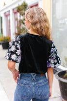 1X Haptics Feeling Glamorous Black Floral Sequin Puff Sleeve Velvet Top