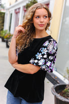 1X Haptics Feeling Glamorous Black Floral Sequin Puff Sleeve Velvet Top