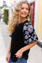 1X Haptics Feeling Glamorous Black Floral Sequin Puff Sleeve Velvet Top