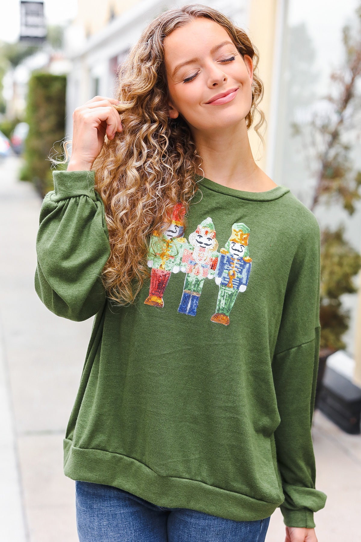 Haptics Be Merry Forest Green Nutcracker Sequin Hacci Top Final Sale