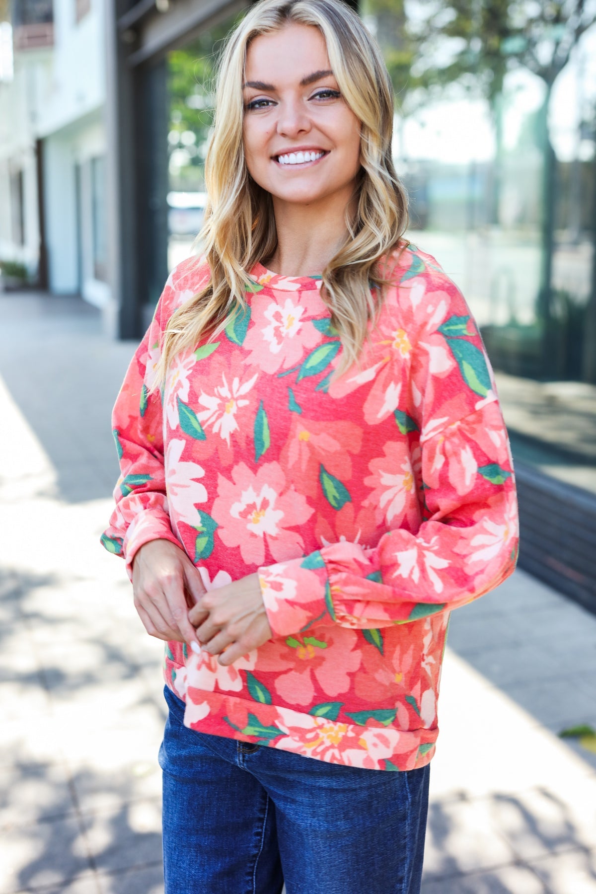 Haptics Feeling Femme Red Floral Brushed Hacci Sweater Top