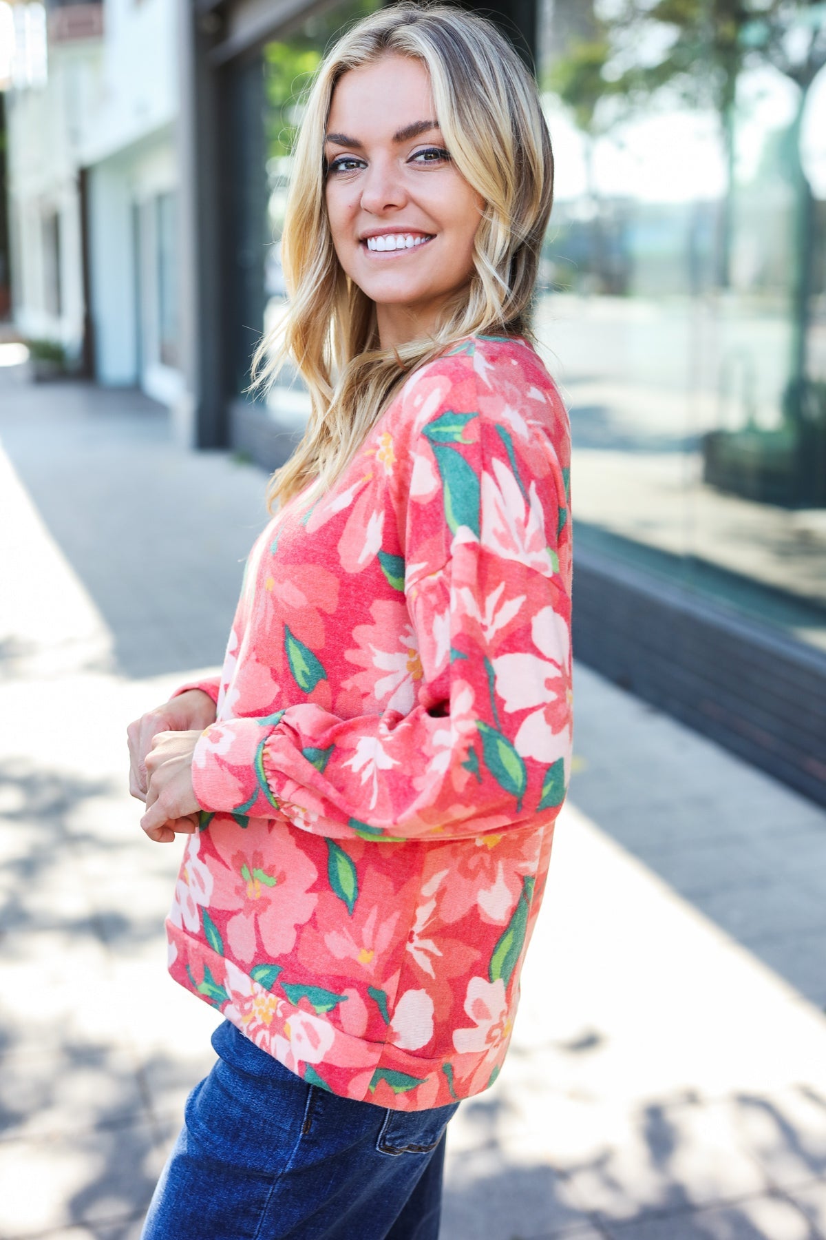 Haptics Feeling Femme Red Floral Brushed Hacci Sweater Top