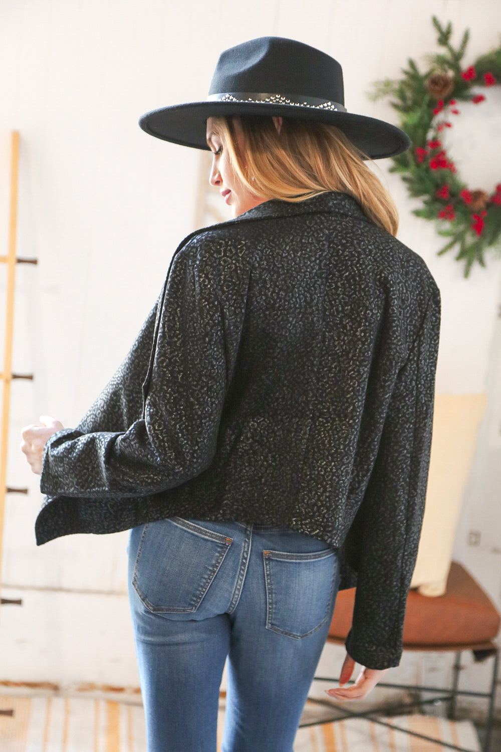 Haptics Black Holiday Matte Foiled Cheetah Print Blazer Jacket Final Sale
