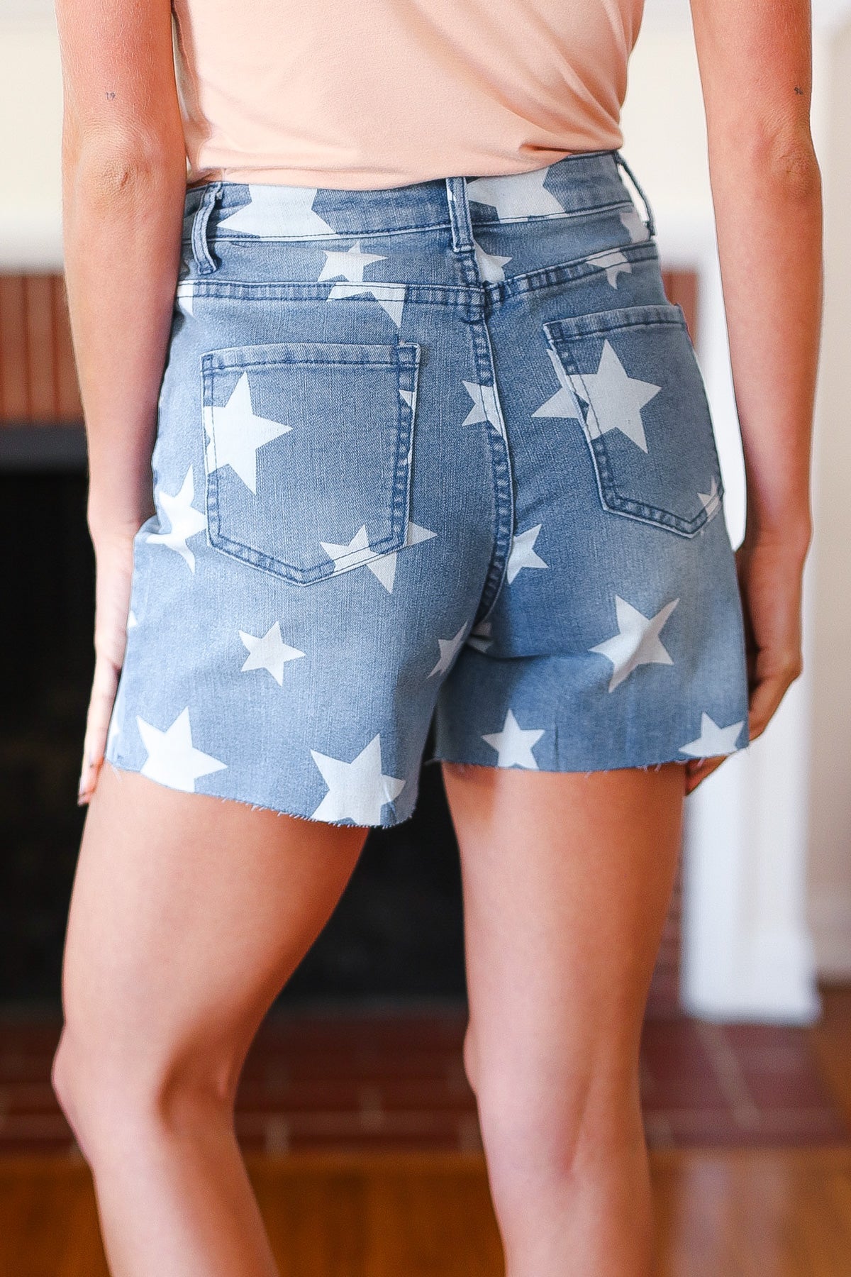 Haptics Raw Edge Light Wash Star Print High Rise Denim Shorts- Final Sale 2024 Blow-Out Sale