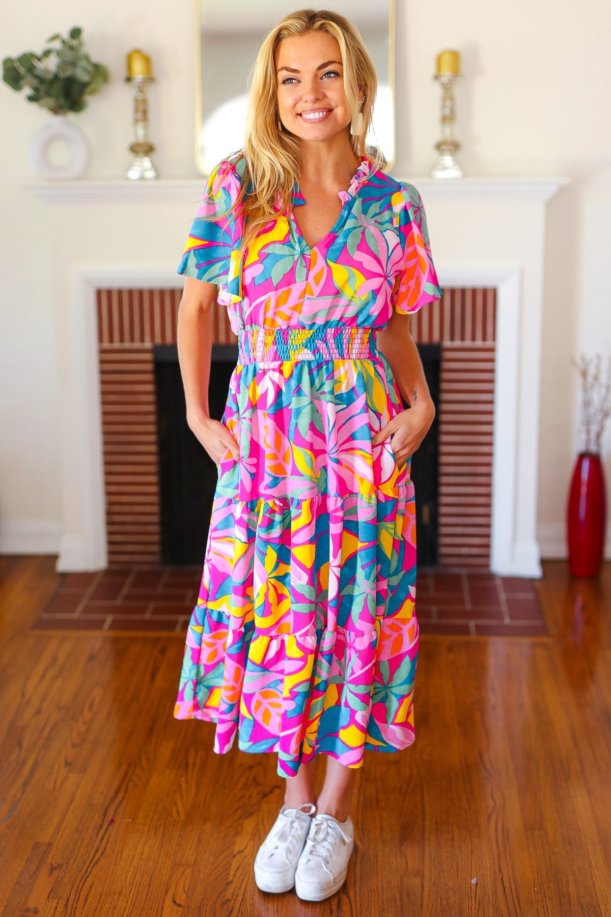 Haptics Tropical Trance Fuchsia Floral Smocked Waist Maxi Dress