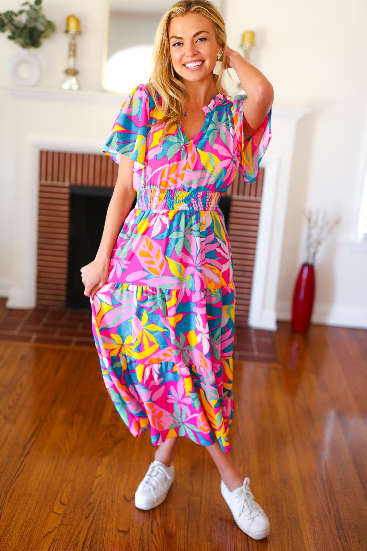 Haptics Tropical Trance Fuchsia Floral Smocked Waist Maxi Dress