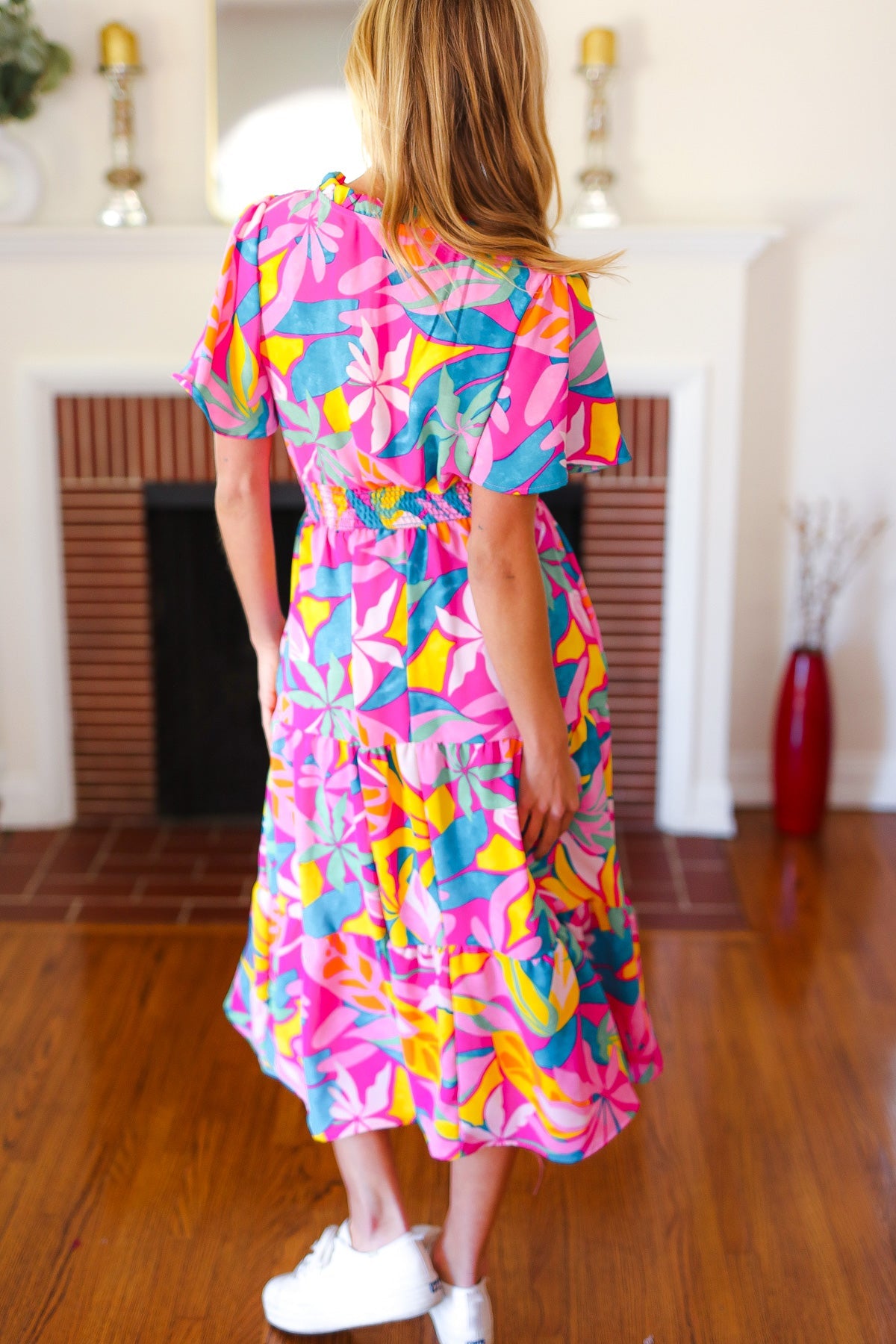 Haptics Tropical Trance Fuchsia Floral Smocked Waist Maxi Dress
