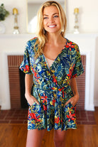 Haptics Navy Tropical Floral Surplice Romper