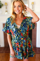Haptics Navy Tropical Floral Surplice Romper