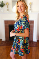Haptics Navy Tropical Floral Surplice Romper