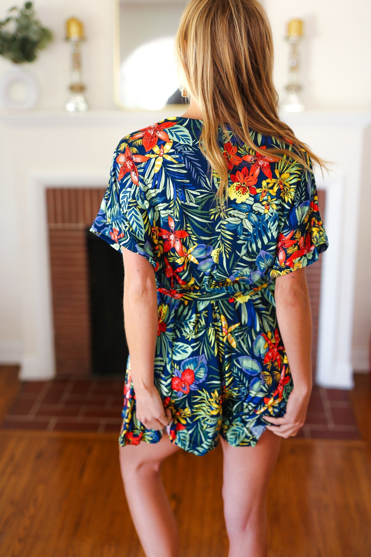 Haptics Navy Tropical Floral Surplice Romper