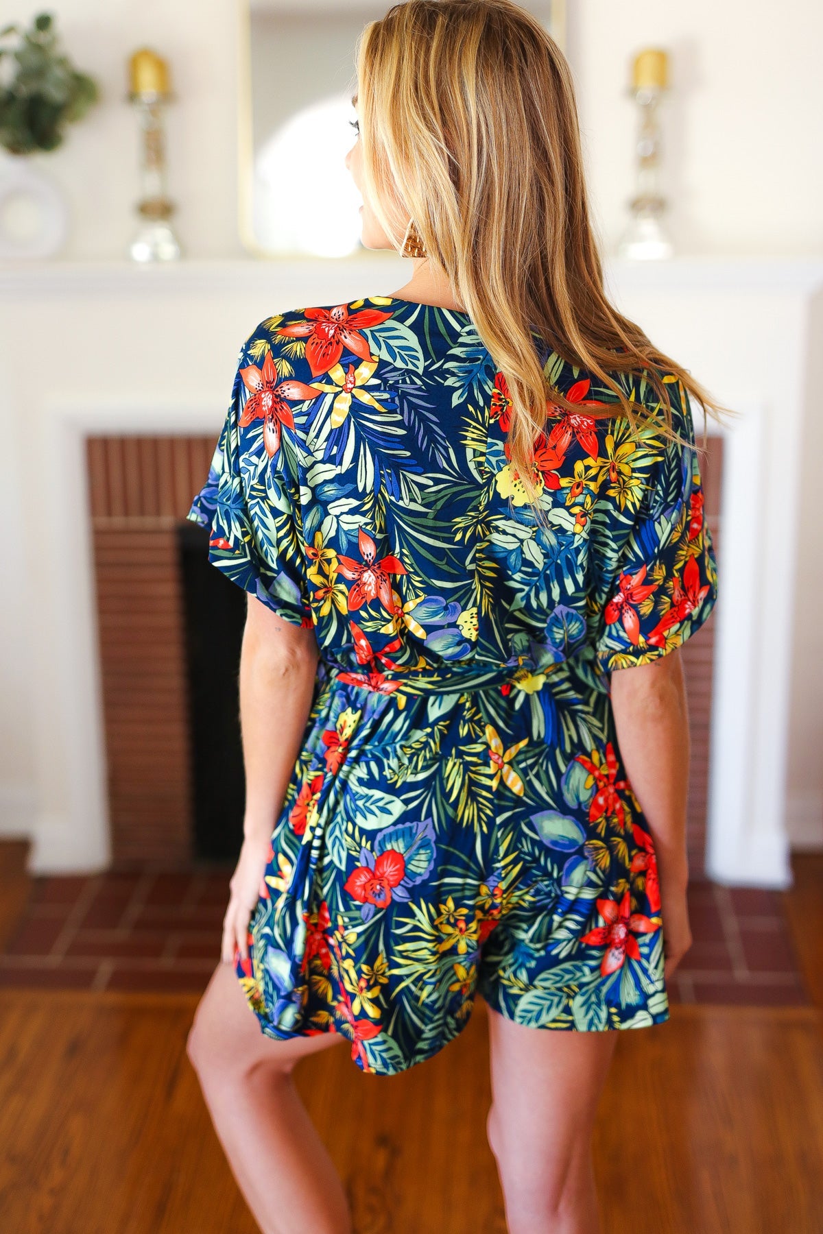 Haptics Navy Tropical Floral Surplice Romper