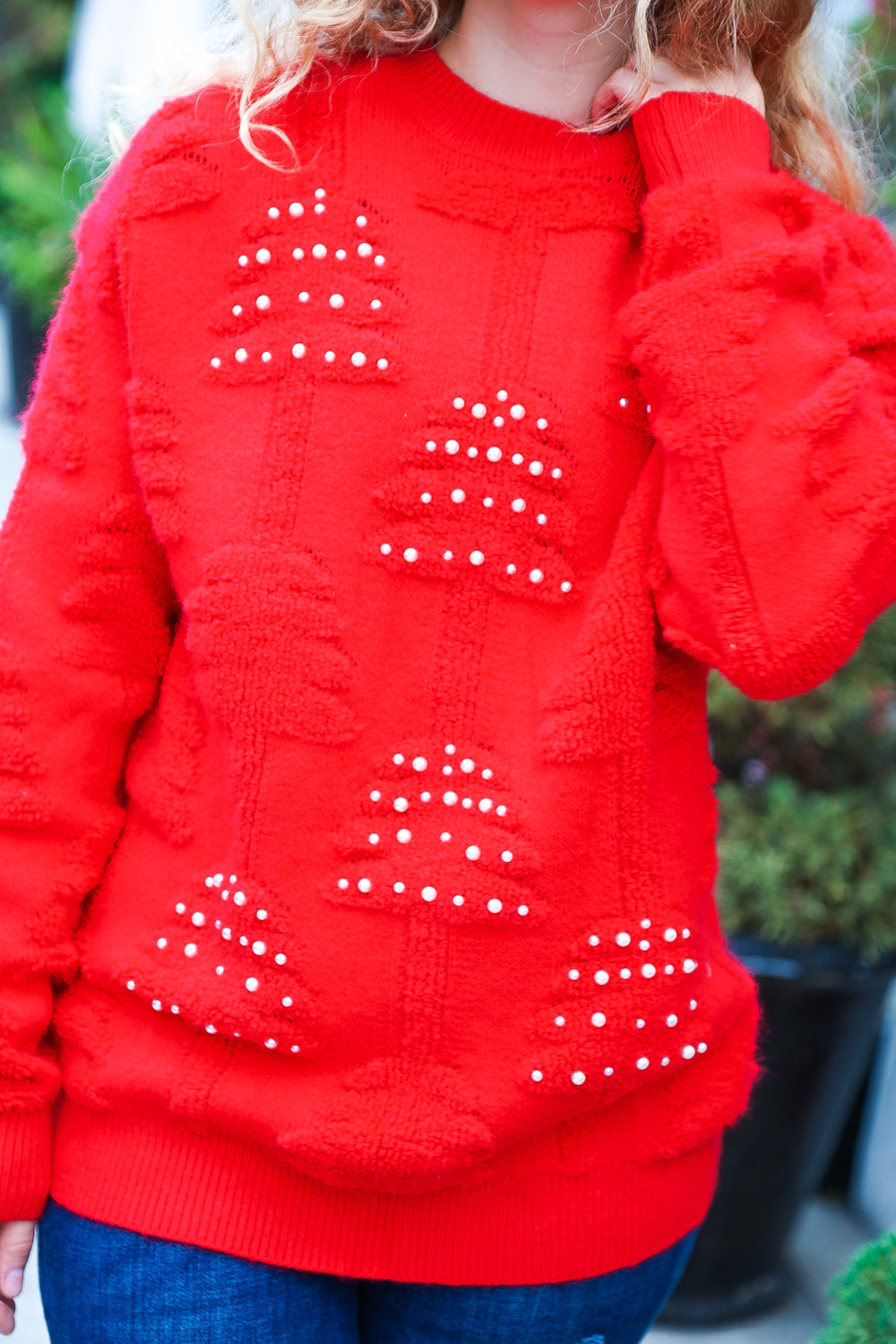 Haptics More The Merrier Red Pearl Christmas Tree Jacquard Sweater