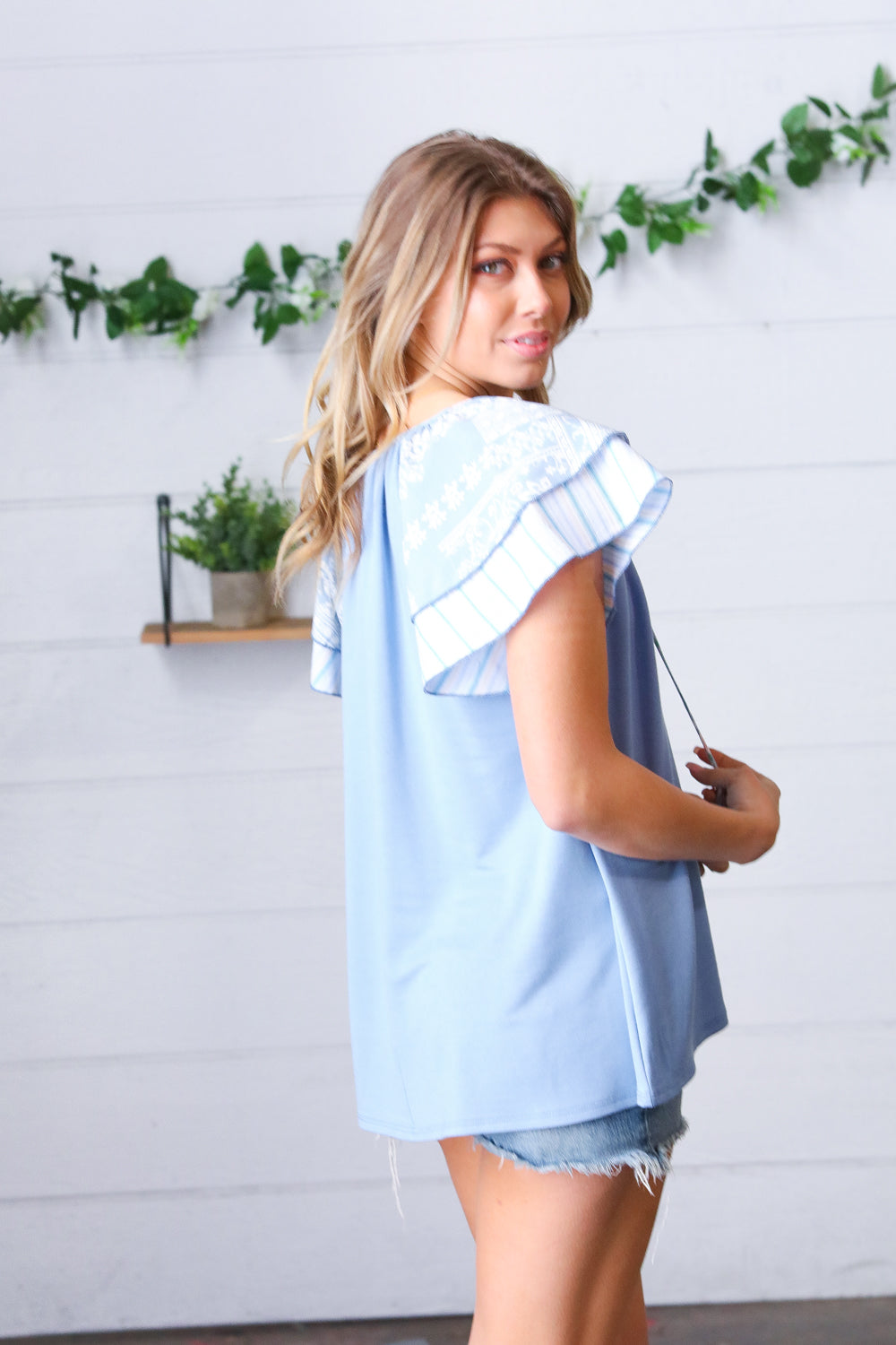 Sugarfox Blue Floral & Stripe V Neck Tie Double Flutter Sleeve Top