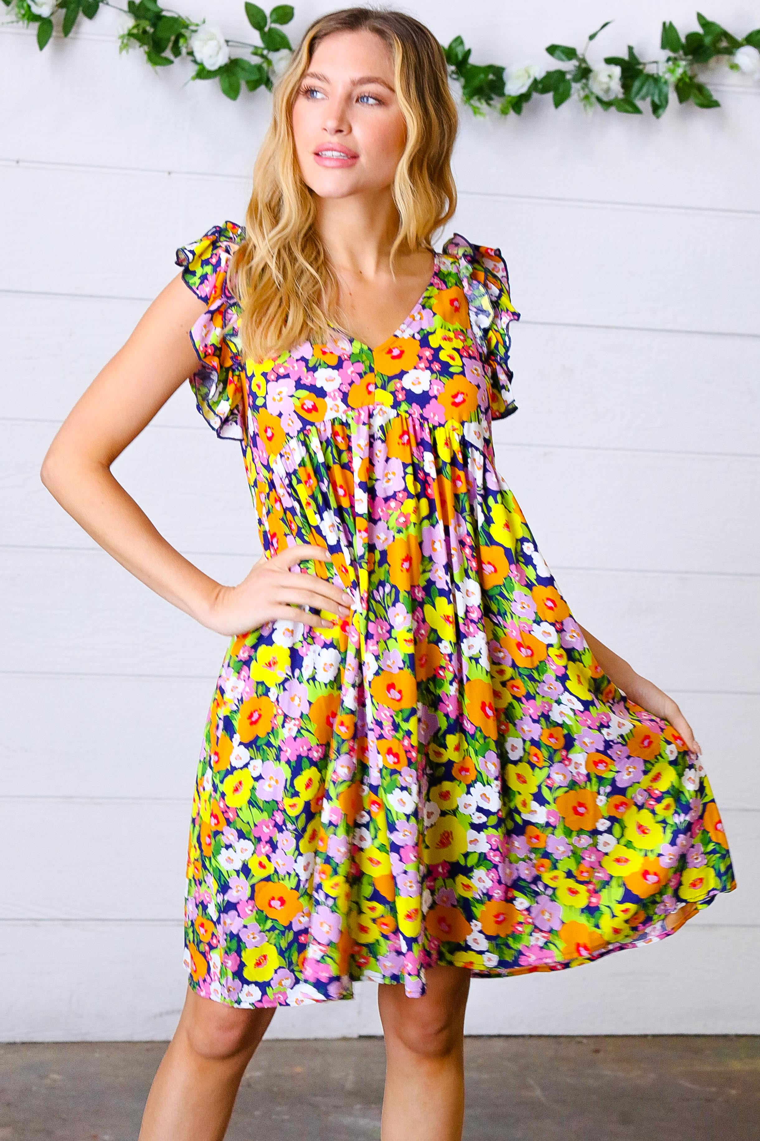 Haptics Indigo & Lemon Floral Babydoll Ruffle Dress Final Sale