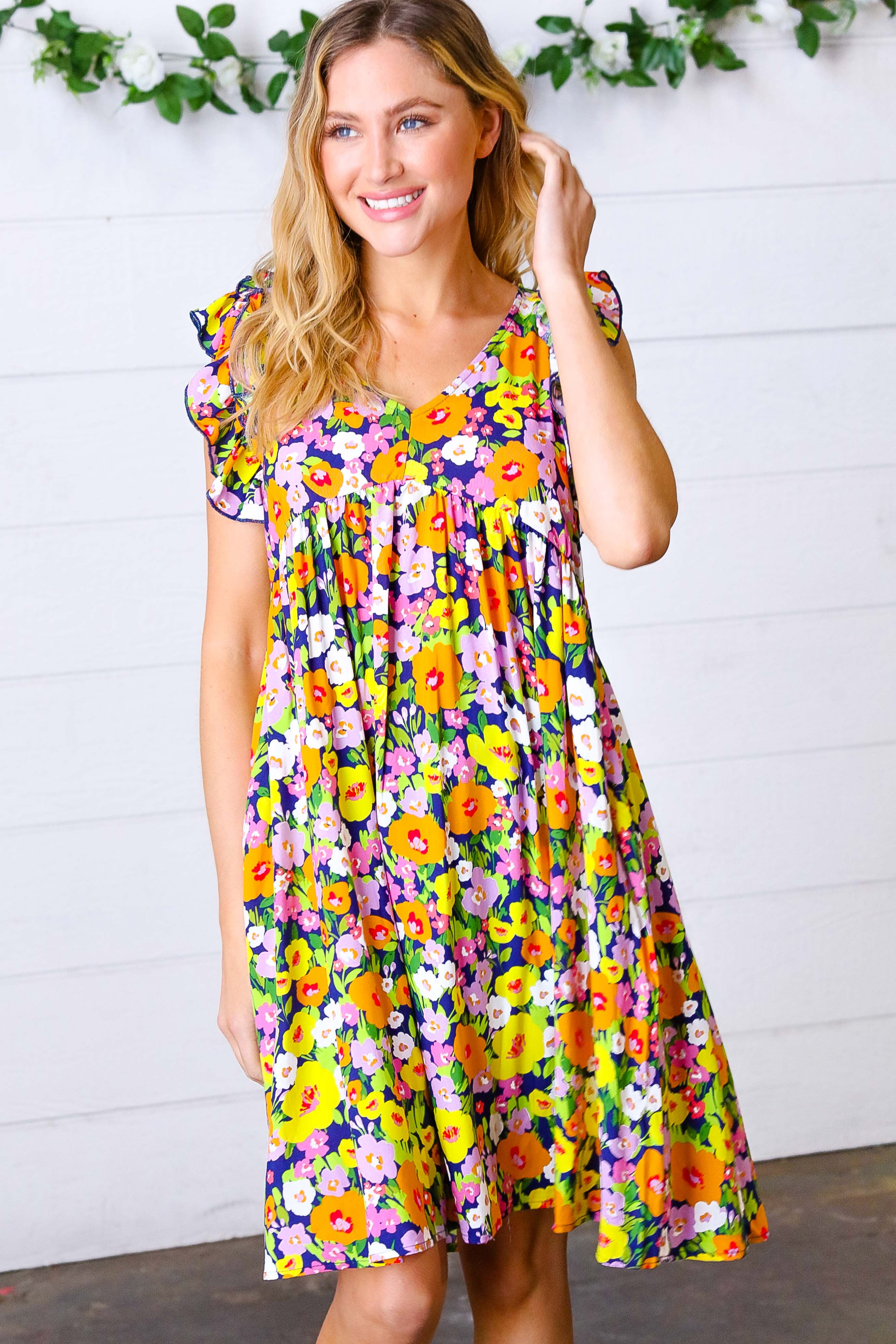 Haptics Indigo & Lemon Floral Babydoll Ruffle Dress Final Sale
