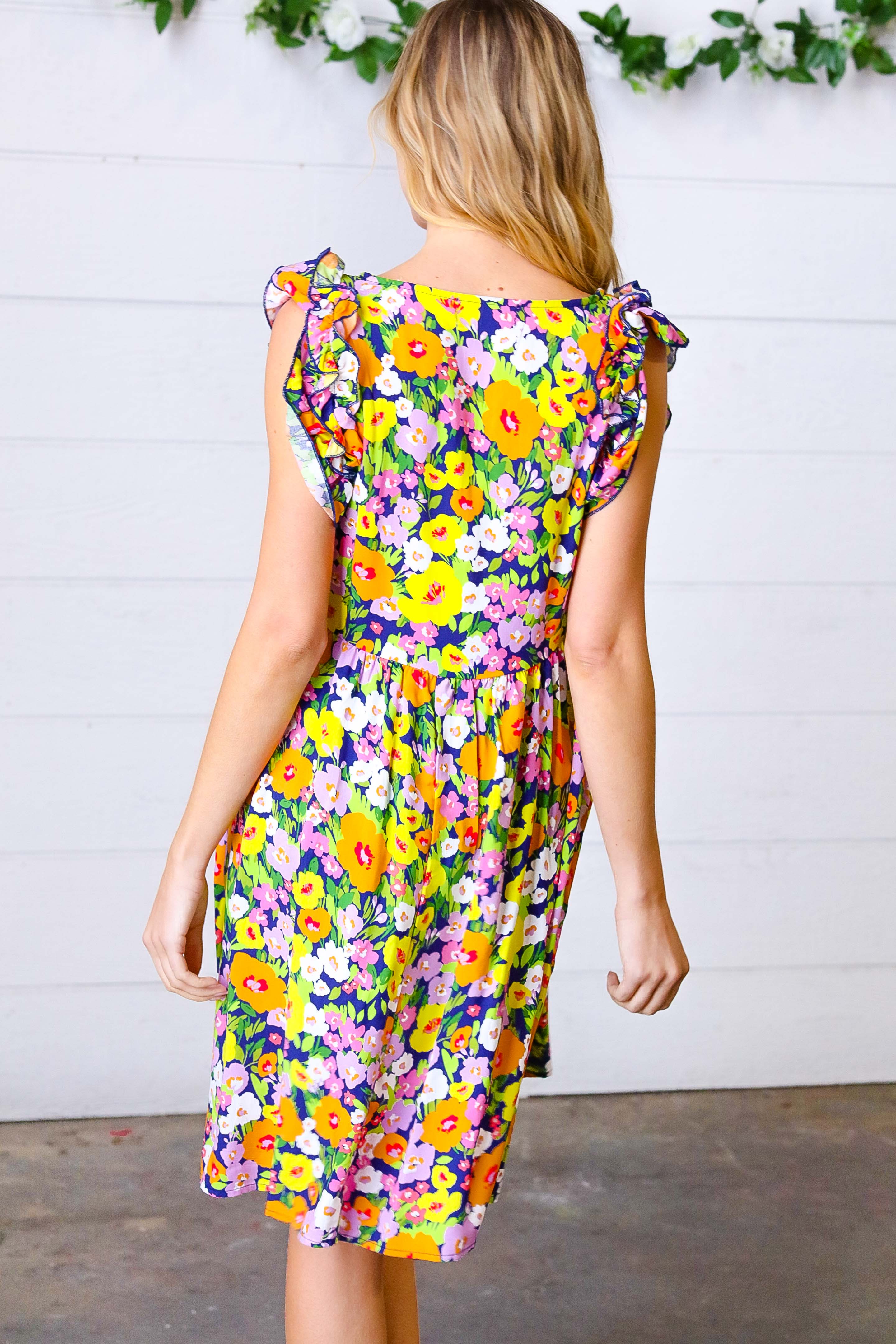 Haptics Indigo & Lemon Floral Babydoll Ruffle Dress Final Sale