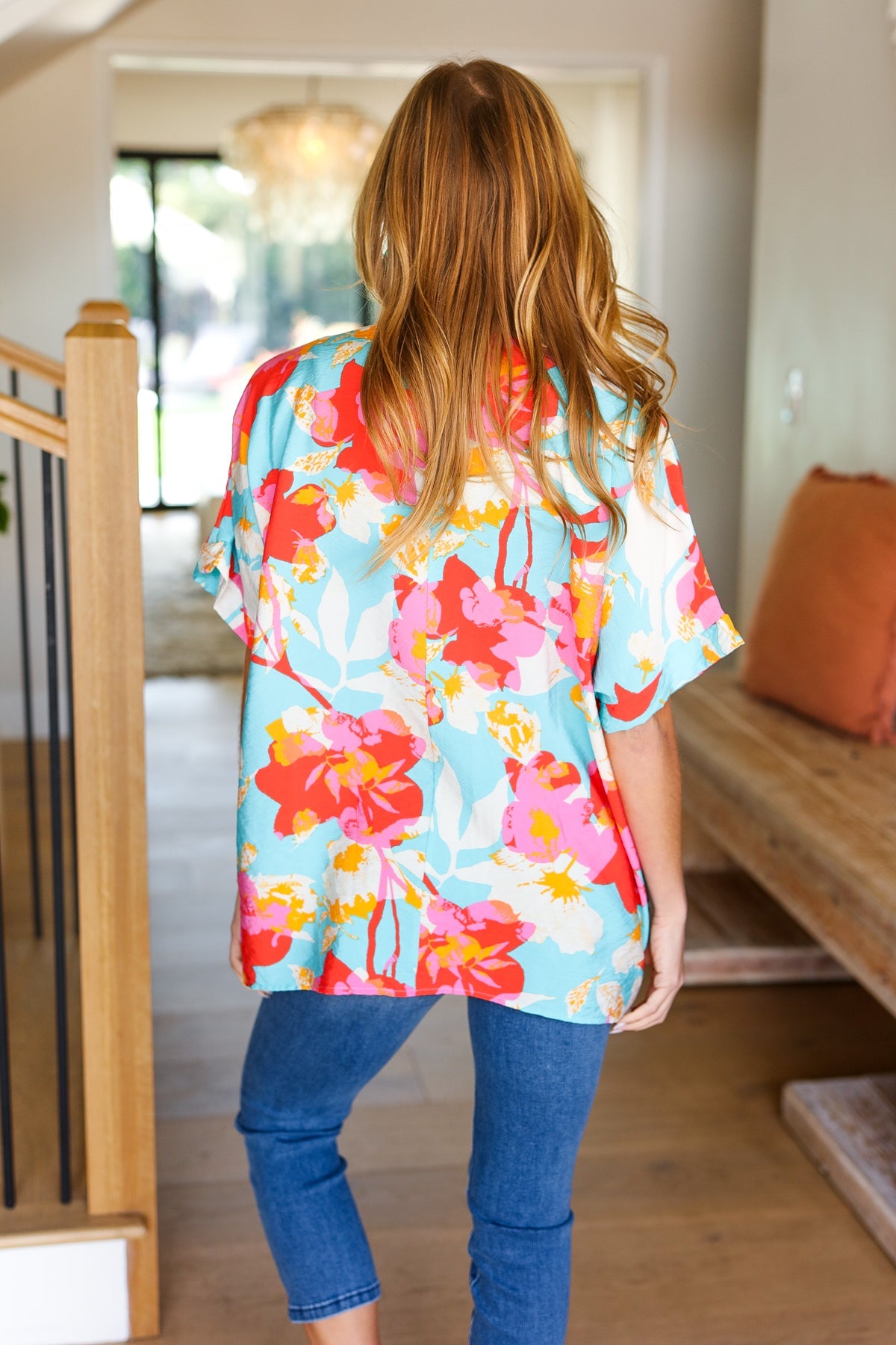 Haptics Aqua & Coral Floral V Neck Woven Top