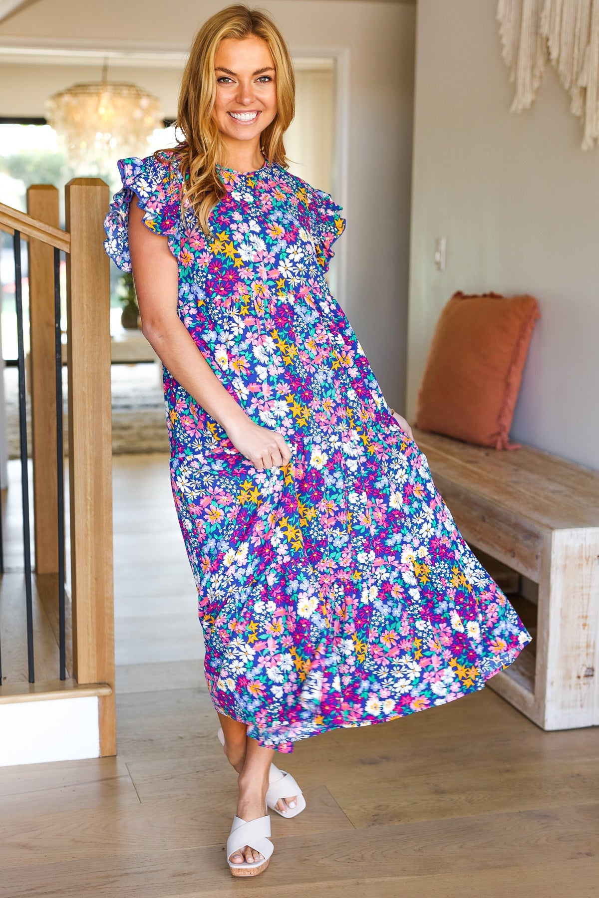 Haptics Just A Dream Navy Floral Smocked Ruffle Sleeve Maxi Dress