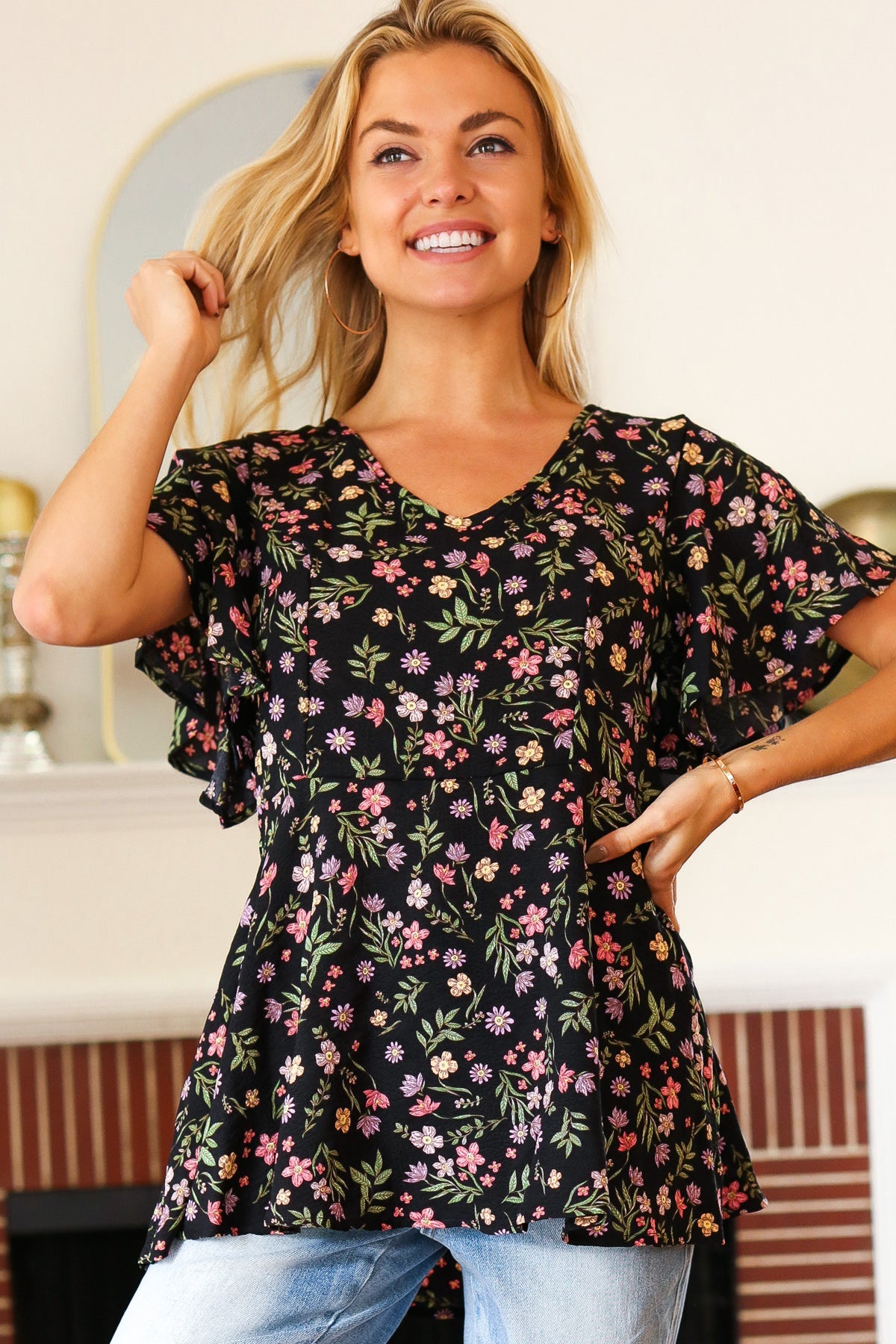 First Love Summer Vibes Black Floral Print V Neck Babydoll Crepe Top Final Sale