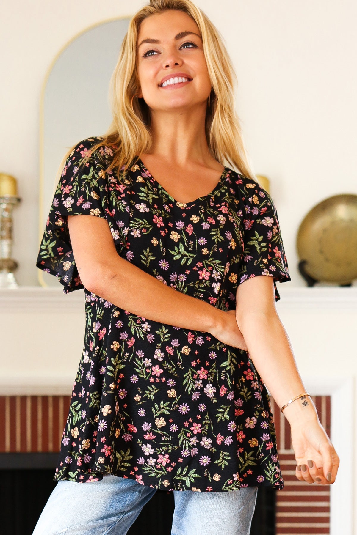 First Love Summer Vibes Black Floral Print V Neck Babydoll Crepe Top Final Sale