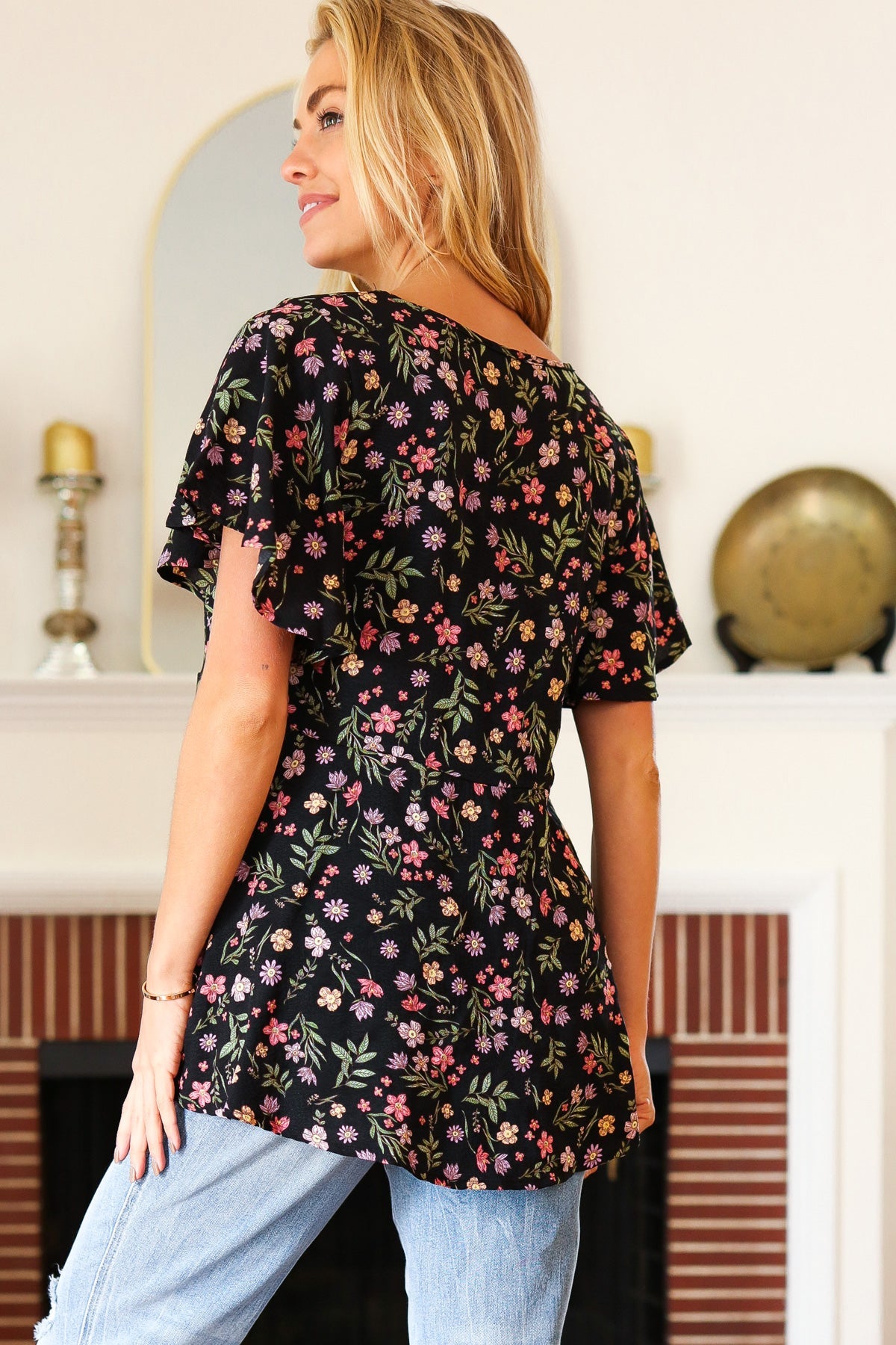 First Love Summer Vibes Black Floral Print V Neck Babydoll Crepe Top Final Sale