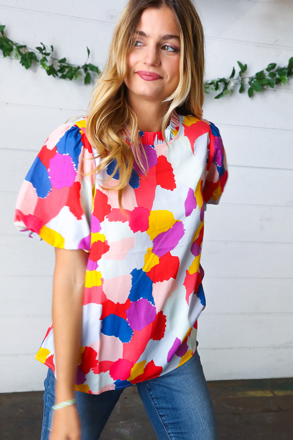 Jodifl Multicolor Print Frilled Mock Neck Puff Sleeve Top Final Sale
