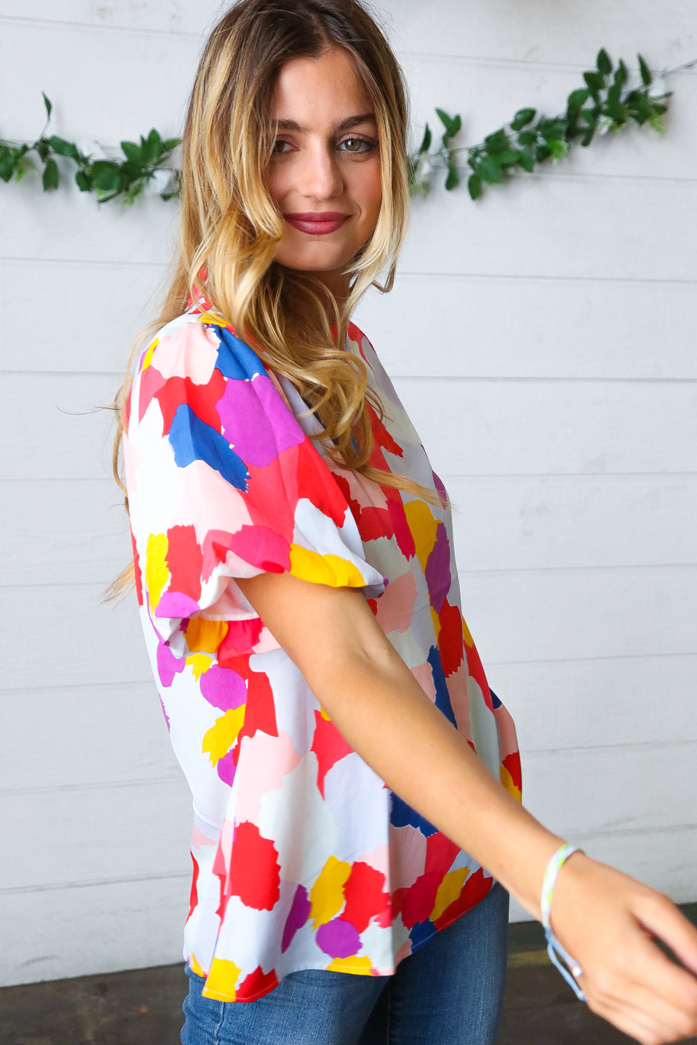 Jodifl Multicolor Print Frilled Mock Neck Puff Sleeve Top Final Sale