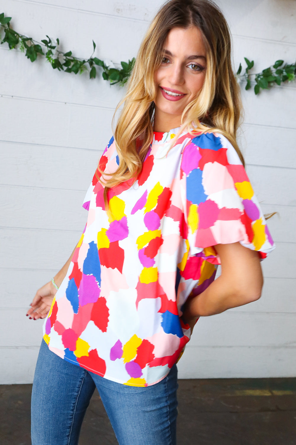 Jodifl Multicolor Print Frilled Mock Neck Puff Sleeve Top Final Sale
