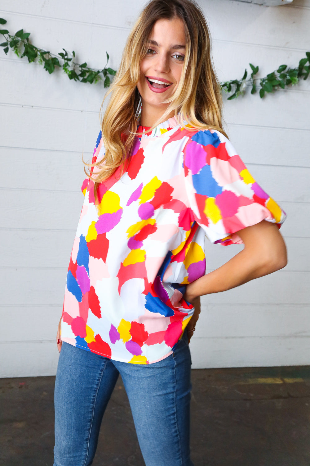 Jodifl Multicolor Print Frilled Mock Neck Puff Sleeve Top Final Sale