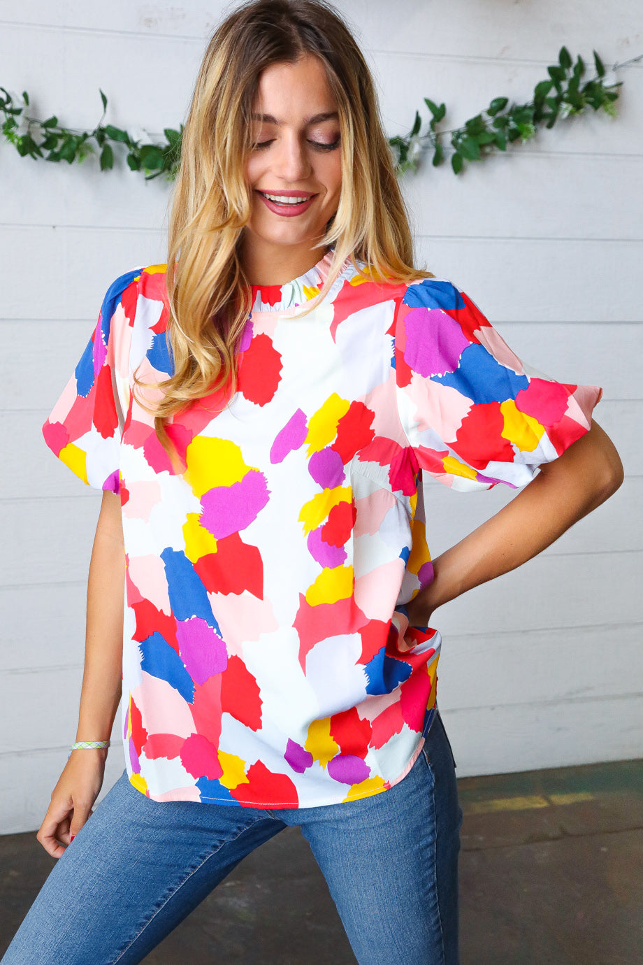 Jodifl Multicolor Print Frilled Mock Neck Puff Sleeve Top Final Sale
