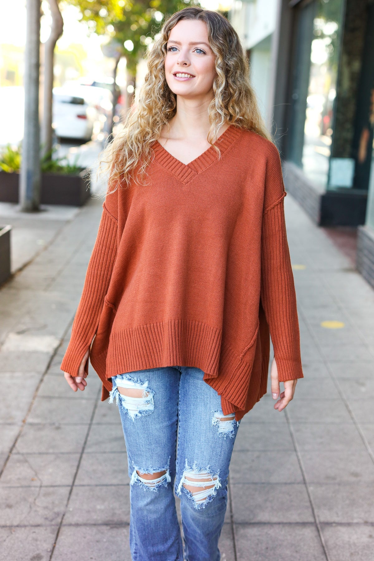 Haptics Casual Chic Rust Oversized V Neck Rib Knit Sweater 2024 Blow-Out Sale